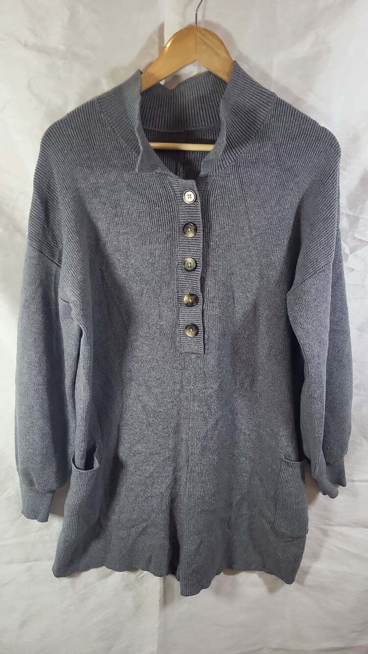 Women's Cozy Pocket Henley Sweater Romper in Restful Grey Heather